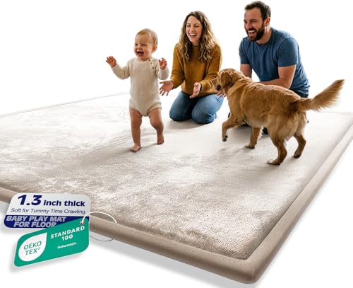 AEOCOO Baby Play Mat for Floor Cushion, 59x71x1.3" Thick Memory Foam Tummy Time Mat, CloudSoft Velvet Non slip, Toddlers Baby Kids Extra Large Nursery Rug for Crawling, Living Room, Beige