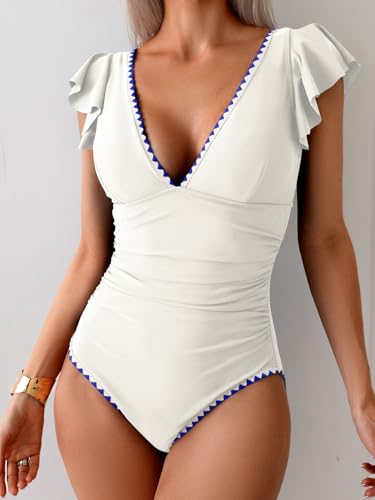 Image of Aidonger Women's One Piece Ruffle Swimsuit Tummy Control Bathing Suit V Neck Shell Stitched Swim Suit Slimming Swimwear