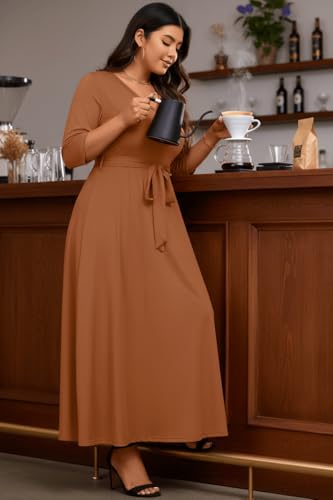 Image of Runwind Plus Size Dress for Women - 3 /4 Sleeve V Neck Maxi Dresses for Women (XL-6XL)