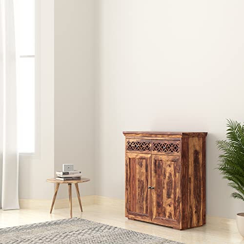 Image of SHIKHA WOOD CRAFT Solid Sheesham Wood Sideboard Cabinet with 2 Doors & 2 Drawers Storage | Wooden Kitchen Cabinet, Dining Room Organizer, Crockery Unit, Living Room Storage Furniture (Natural Finish)