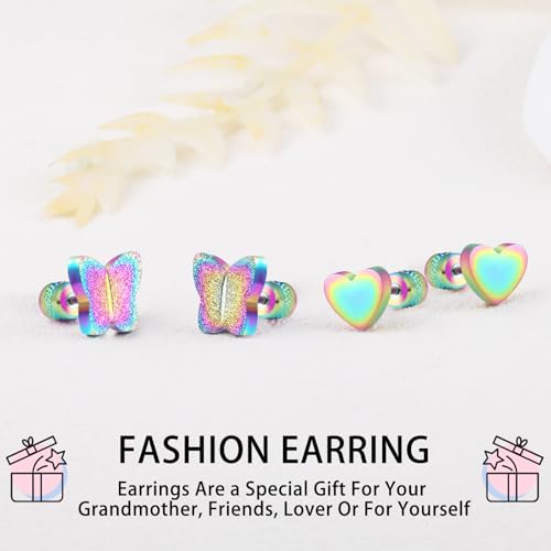 Gemsme Butterfly Stainless Steel Stud Earrings - 2 Pairs Flat Back Hypoallergenic Titanium Butterfly/Heart/Star Shaped Screw Back Earrings for Women Men4