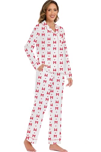 Image of LUBOT Christmas Pajamas for Women 100% Cotton Pajama 2 Piece PJ Set Soft Long Sleeve Button Xmas Print Loungewear XS-XXL