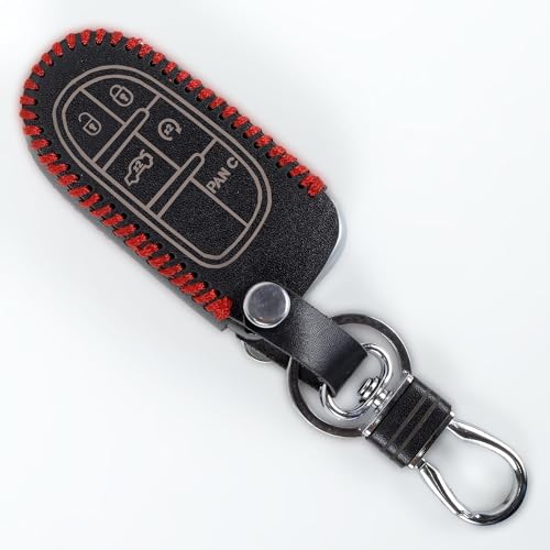 Image of Leather Smart Car Key Cover Case with Metal Hook Keychain for Jeep Compass (Black)