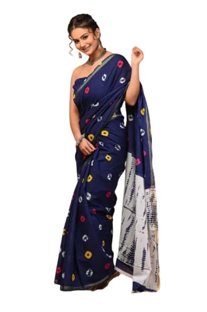 Navy Blue Shibori Print Cotton Saree with Multicolour Motifs and Contrast White Pallu With Luxury Zari Border-picture-35