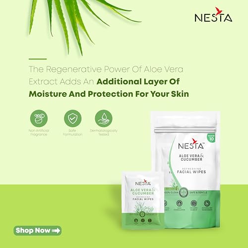 Image of Nesta Individually Packed Facial Wet Wipes for Women & Men; Cucumber & Aloe-Vera; Clears Dirt, Gives Fresh & Glowing Skin with Moisture; Alcohol Free, Eco Friendly(10 Packets x 10 Wipes = 100 Wipes)