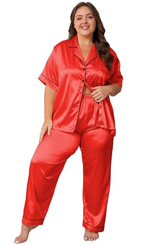 Image of Vozanet Women's Button Down Satin Pajama Sets Silky Short Sleeve Top & Pants Plus Size Loungewear Classic Sleepwear XL to 5XL