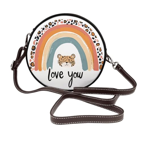 Sac rond cuir végétalien Leopard Rainbow de haute qualité avec sangle ajustable
