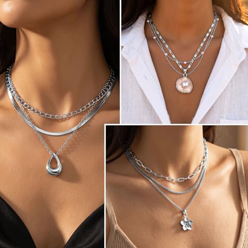 Image of Jewelry Set for Women with Multi Layer Necklaces Bracelets Hoop Earrings Set Stackable Knuckle Rings, 14k Gold Plated Jewerly Set for Everyday Styling and Gifting