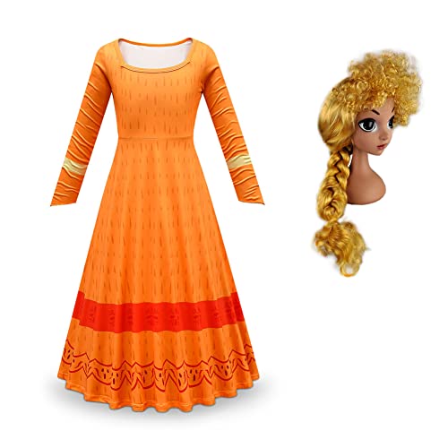Monissy Fille Déguisement Magique Manches Longues Rayures Jaune Rouge Goutte d'Eau Imprimé Cosplay Costume Pepa Enfant Robe Longue Halloween Soirée Représentation, Orange+Perruque, 150