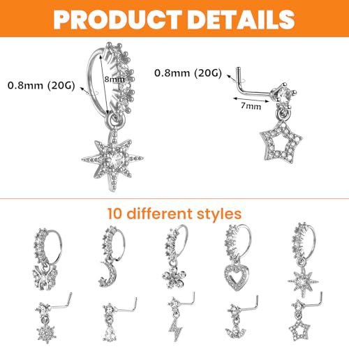10 Pcs Dangle Nose Ring Hoop 20g Cz Nose Rings with Charm L Shaped Dangling Noses Stud Indian Piercing Jewelry For Women2