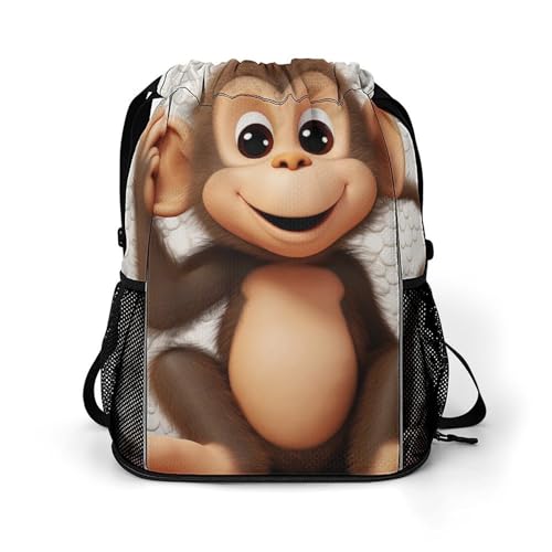 Waterproof Drawstring Gym Backpack with Shoe Compartment & Wet-Proof Pocket - Lightweight 28L Cute Monkey Sports Backpack Travel Workout String Bag for Yoga Swim