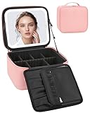 Relavel Makeup Bag with Light Up Mirror, Makeup Case Travel Cosmetic Bags Brush Organizer Storage Box, Rechargeable Vanity Mirror with 3 Color Lights, High Frame Mirror Protection (Pink)