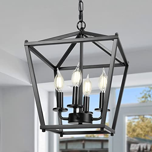 Unicozin Black Lantern Pendant Light, 4 Lights Farmhouse Chandelier Fixture With Metal Cage, Adjustable Height Industrial Hanging Lights E12 Base For Kitchen Island, Bedroom, Entryway, Foyer #TOP1