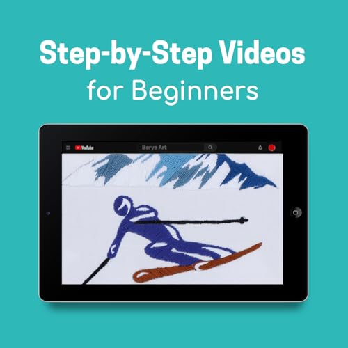 Image of Embroidery Kit for Adult Beginners,Skiers Snow Mountain Embroidery Kit with Step-by-Step Instructions & Video,Printed Cloth,7.87 inch Hoop,Display Stand,Color Threads and Tools for Craft Lover(BES012)