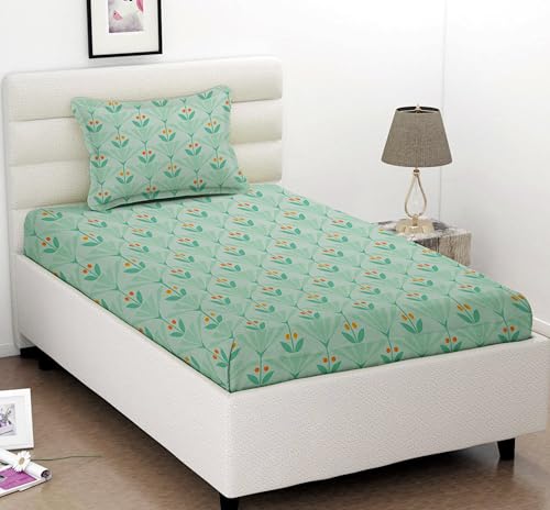 Image of HOMEKART (110 TC & 110 GSM 100% Cotton Feel Bedsheet for Single Bed with One King Size Pillow Covers Soft /Breathable Wrinkel Free -60x90 Inches - (Green & ellow)