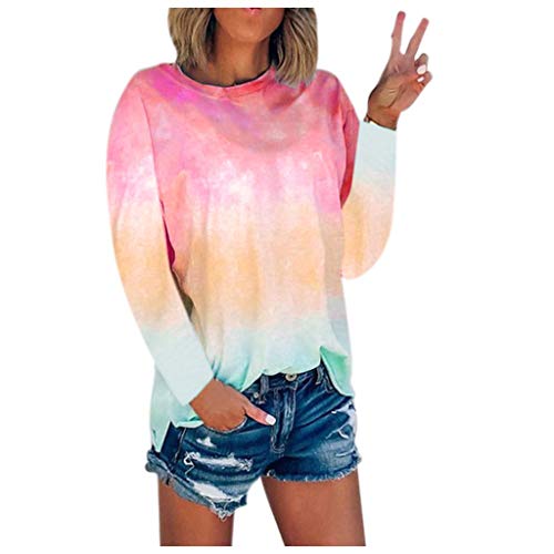 Dosoop Womens Crew Neck T-Shirt Casual Tee Tie Dye Sweatshirts Color Block Long Sleeve Loose Fit Pullover Blouse Tops
