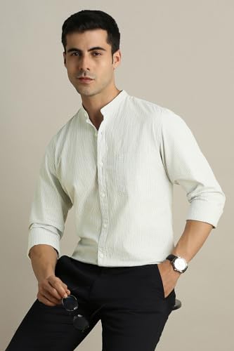 Image of Peter England Men's Casual Mandarin Collar Slim fit Full Sleeve Shirt in 100% Cotton Seersucker with Striped Design