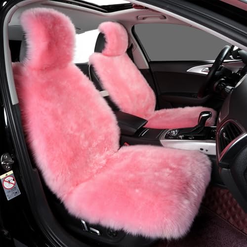 Image of AOGELAN Fluffy Sheepskin Car Seat Cover Long Wool Front Seat Cover Pink