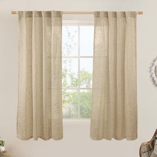 LAMIT 63 Inch Sheer Linen Window Curtains, Light Filtering Panels Back Tab and Rod Pocket Neutral Drapes for Bedroom/Living Room, Brown, 2 Panels, 34 x 63 Inch