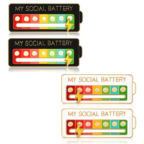 AzureRay Sozial Batterie Pin 4 Stück Lustige Broschen für soziale Stimmung für 7 Tage My Social Battery Pin Interaktive Stimmungspins Gesundheit (Weiß + Schwarz) Metall