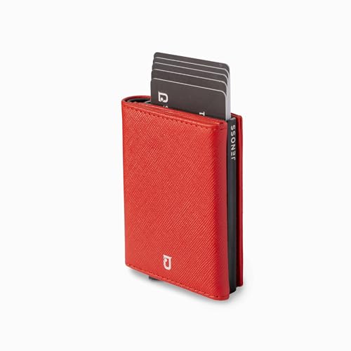 Jenoss Smart AirTag Wallet for Men & Women: Full Grain Leather, Handcrafted, Black Pop Up Case, Slim, RFID Blocking, Credit Card Holder Apple Air Tag Tracker Trifold Minimalist 12 Slot ID(Red & Black)