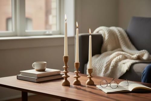 Heykelsi Ahşap Mumluklar - El Yapımı Kayın Ağacı Konik 3'lü Set Şamdan - Doğal Ahşap Yağı ile Kaplanmış - Mid-Century Modern Tasarım