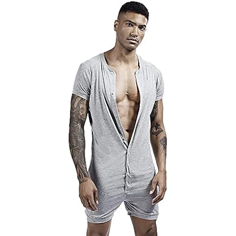 Mens Onesie Henley Jumpsuit Adult Stretchy Silk Pajamas Lounge Shirt One Piece Garment(Smooth Fabric) Gray Cover