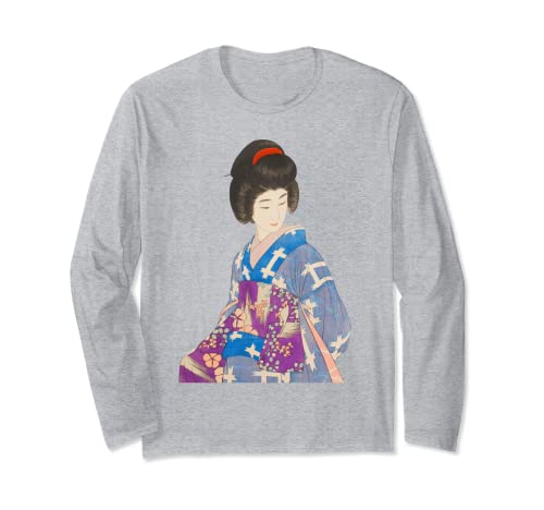 青い着物を着た美しい芸者 日本画 鳥居 言人 帯 美人画 新版画 日本画 長袖Tシャツ