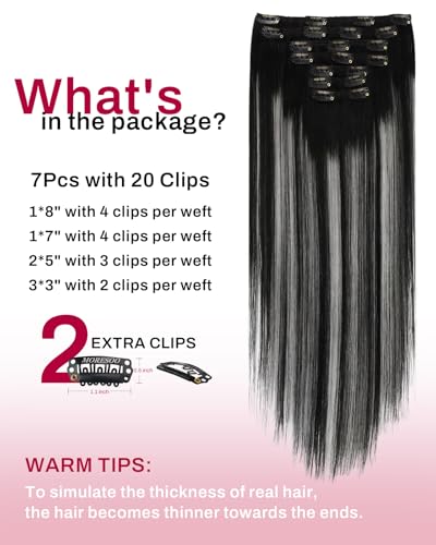 Image of Moresoo Black to Silver Clip in Hair Extensions 18in 135g for Thick Hair | Remy human hair clip in extensions, black mixed with silver grey, 135g 7pcs, double weft for bold highlighted looks