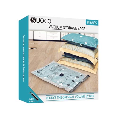Image of SUOCO Vacuum Storage Bags 8 Pack (4 x Large, 4 x Jumbo) Space Saver Compression Bags with Hand Pump