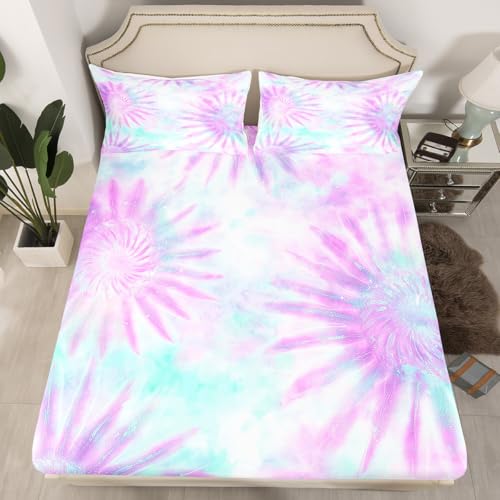 Erosebridal Tie Dye Fitted Sheet Full Purple Tie Dye Bed Sheets Spiral Swirl Vortex Bedding Set Gypsy Trippy Girly Style Fitted Sheet, Room Decorative with Deep Pocket for Kid Girl Women