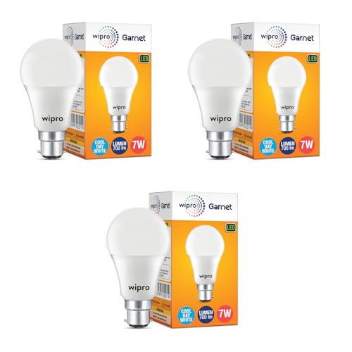 wipro 7W B22 LED Cool Day Light Bulb, Pack of 3, (Garnet)