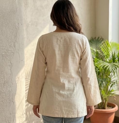 Image of Cotton Short Kurti for Women | Full Sleeves Kurti | Ethnic Kurta for Girls | Casual Shirt for Girl | V Neck Top for Women | Casual and Ethenic Wear | Beige