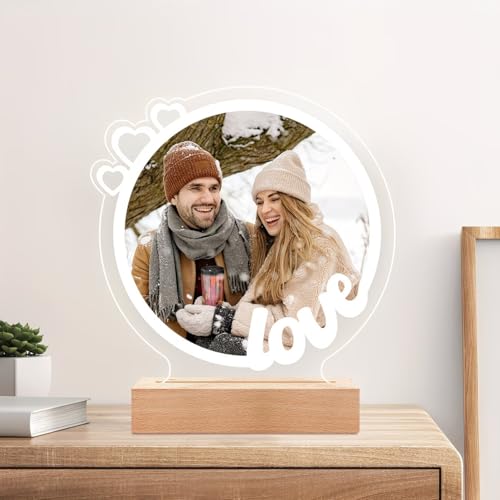 Image of SNAPTRAP Personalized LED Acrylic Photo Lamp with Wooden Base | Customized Couple Photo Light Gift for Girlfriend Boyfriend Wife Husband Family | Romantic Heart Design Night Lamp Decor