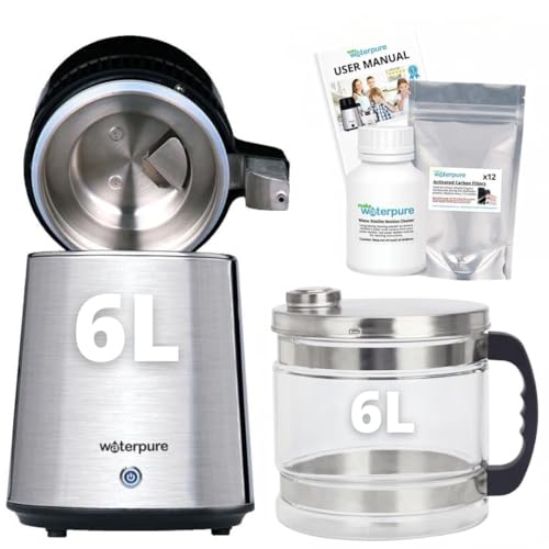 Water Pure - Destilador de agua de 6 litros, jarra de vidrio de 6 litros, 3 años sin filtros, 200 g sin limpiador de residuos. La máquina destiladora de agua más grande y rápida