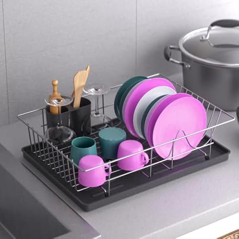 Nataka Compact Dish Drying Rack For Kitchen Sink, Stainless Steel Draining Dish Rack, Space Saving Dish Drainer With Removable Drip Tray, And Utensils Holder Cover
