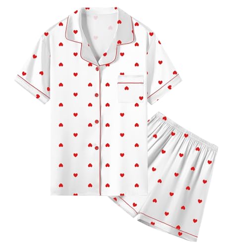 Image of Umeyda Women & Girls Pajamas Set, Soft Satin Lightweight Silk Button-Down Top with Shorts 2 Piece PJS for Mom Boys Kids Gifts
