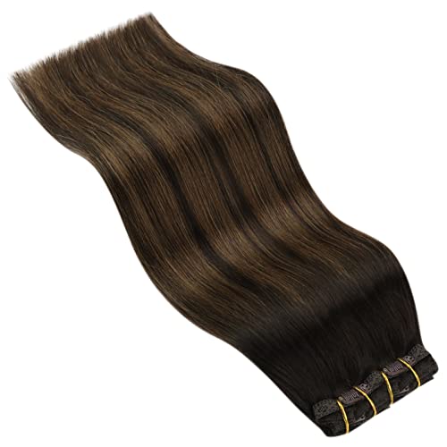 YoungSee Ombre Clip in Hair Extensions Human Hair 22inch Real Hair Extensions Clip in Human Hair One Piece Clip in Extensions Human Hair Natural 70G Brown Balayage Clip in Hair Extensions