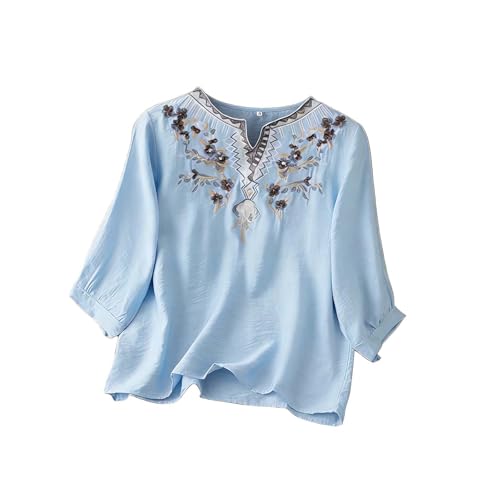 Image of GMQWRK Women's Floral Embroidered Blouses Half Sleeve V-Neck Pullover Shirts Vintage Flower Pattern Tops Summer Boho Shirt Ladies Notch Neck Blouse 2026 Vacation Holiday Casual Wear Blue