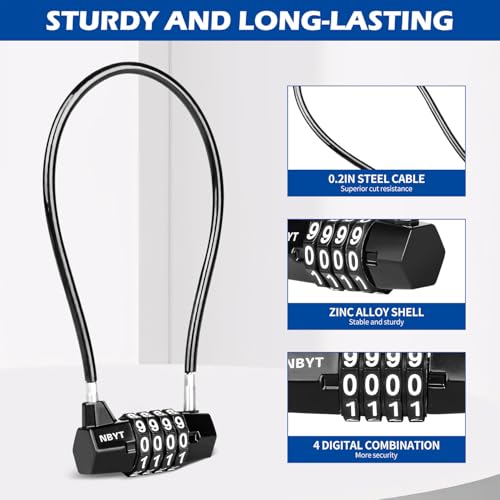 Image of Cable Locks with Combination,Steel Cable Rope Wire 4-Digit Combination Lock with Resettable Code for Bikes, Lockers, File Cabinets, Wardrobes, Small Fences,gate Lock, Pool Padlock.