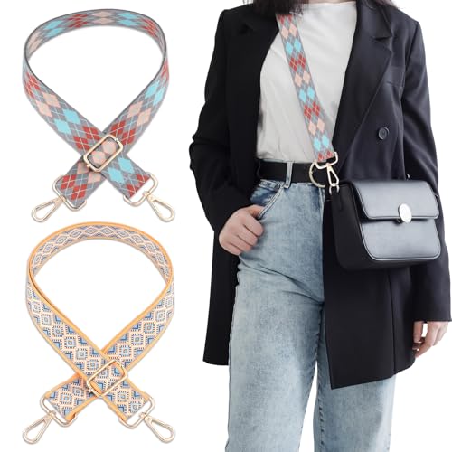 Image of 2 PCS Purse Strap,1.5 inch Wide Shoulder Strap Adjustable Replacement,Replacement Crossbody,Retro Multi pattern Crossbody Bag Straps for Handbag, Crossbody Bags, Shoulder Bags(lozenge pattern)