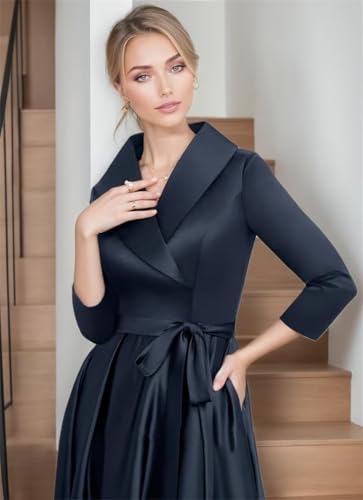 Satin A Line Formal Dresses for Women V Neck 3/4 Sleeves Tea Length Wedding Guest Dresses with Pockets2