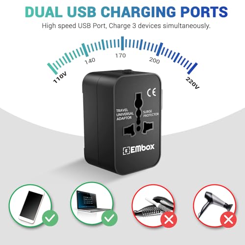 Image of Embox Universal Travel Adapter | All-in-One Worldwide Charger Adapter with USB Type A Ports | Supports 224+ Countries | International Plug for Phone, Laptop, Gadgets