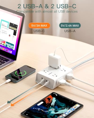 Addtam Protector contra Sobretensiones Regleta de Energía, 8 Tomas con 4 Puertos USB (2 USB C), Cable de Extensión de 15 pies con Múltiples Tomas, Extensor de Salida de 3 Lados, Enchufe Plano, Montaje en Pared, ETL, Blanco miniatura 5