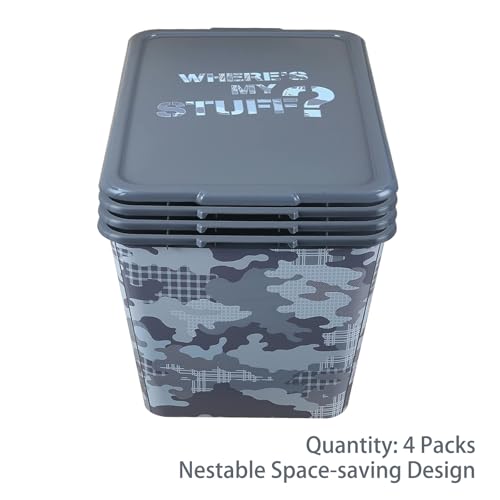 Image of SIMPLYKLEEN 4 Packs 58 QT Plastic Storage Bins with Grey Camoflauge Print Lids, Stackable Storage Container, Large Storage Box for Organizing Garage, Closet, Kitchen, Made in the USA