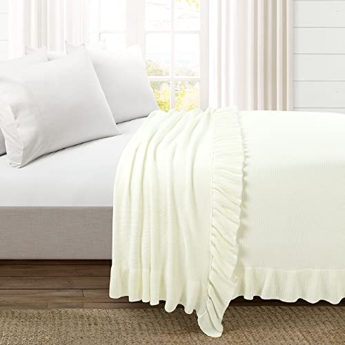 Image of Lush Decor Reyna Soft Knitted Ruffle Throw Blanket, 104 inch W x 88 inch L, Ivory - Classic Ruffled Bedding - Knit Blanket - Cozy Oversized Blanket For Bed or Couch - Vintage, Minimalist & Cottage Home Decor