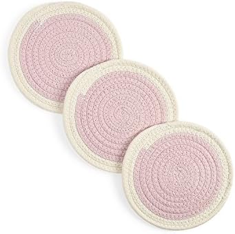 Jennice House Potholders Set Kitchen Hot Pads Pot Holders Pure Cotton Thread Weave Trivets Set of 3 Spoon Rest Jar Opener Cotton Coasters for Cooking and Baking by Diameter 7 Inches (Rose Quartz)