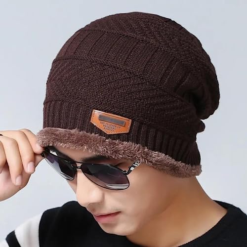 Gorro masculino de tricô de inverno com forro de lã grossa felpudo
