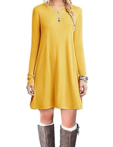 HAHAEMMA Vestido básico elegante para mujer, largo hasta la rodilla, manga larga, informal, holgado, color liso, amarillo, S
