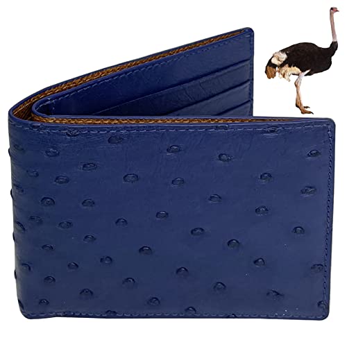 Image of HATA Navy Blue Mens Ostrich Leather Bifold Wallet Double Side RFID Blocking Luxury Large Capacity Credit Card Holder Front Pocket Slim Wallet Gift For Him Handmade Vietnamese VINAMOS-04